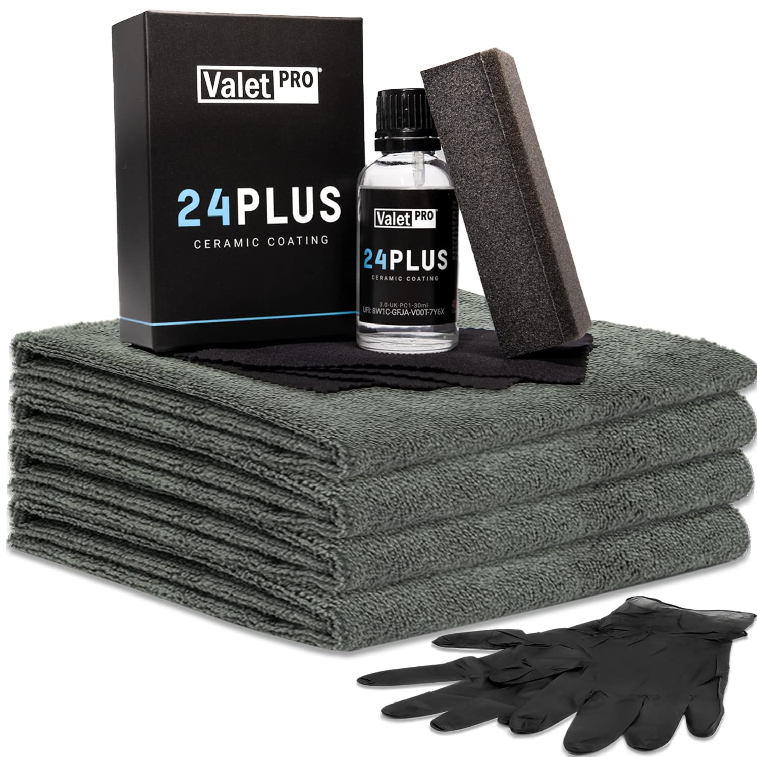 ValetPRO 24Plus Ceramic Coating 30ml Set + 2x detailmate Schutzhandschuh aus Nitril + 4x detailmate Tuch - Langzeitversiegelung von Lacken, Keramikversiegelung mit Lotuseffekt, Auto Versiegelung von detailmate