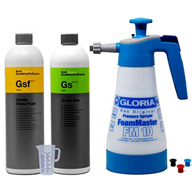 detailmate Aktivschaum Prewash Set: Gloria FM10 Schaumsprüher Foam Master 1L+ Koch Chemie Gentle Snow Foam 1L / Green Star Universalreiniger 1L + 50 ml Messbecher von detailmate