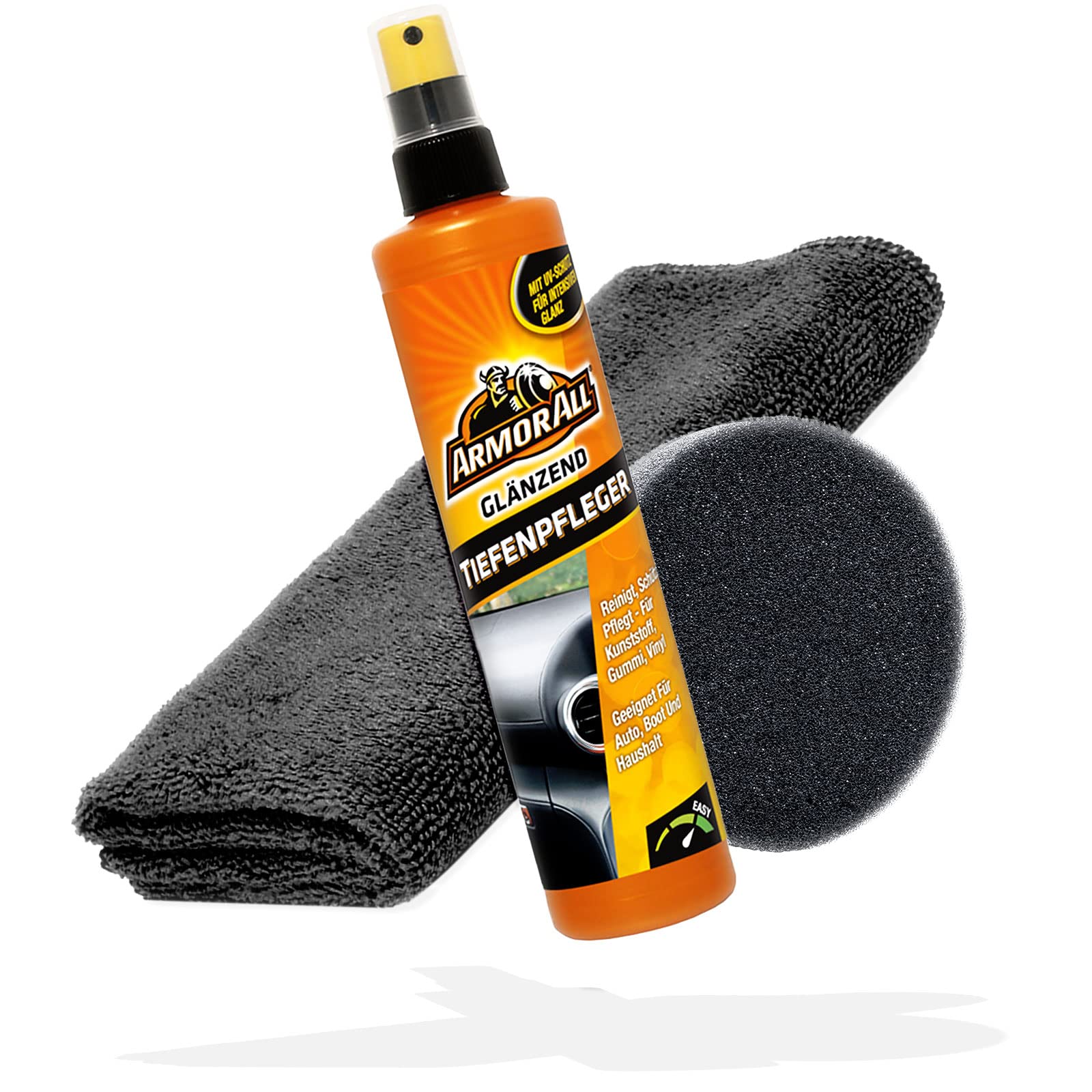 detailmate Auto Cockpitpflege Set: Armor All Kunststoff Tiefenpfleger glänzend 300ml Microfasertuch Premium 320GSM Applikatorpad Ø90mm | Kunststoffpflege Auto Innenraum von detailmate