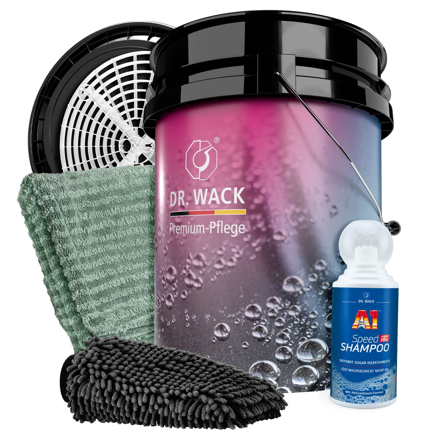 detailmate Auto Handwäsche Bundle Premium - Dr. Wack A1 Speed Shampoo 0,5L + Magic Bucket Wascheimer mit Deckel & GritGuard Schmutzsieb + Garage Freaks Trockentuch Waschhandschuh - Waschset von detailmate