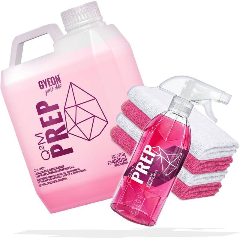 detailmate Auto Lackvorbereitung Set: GYEON Q²M Prep Vorreiniger 500 ml + 4 Liter Kanister Vorreiniger + 2x Premium Microfasertuch 320 GSM 40x40cm weiß + 2x Premium Microfasertuch 320GSM 40x40 cm pink von detailmate