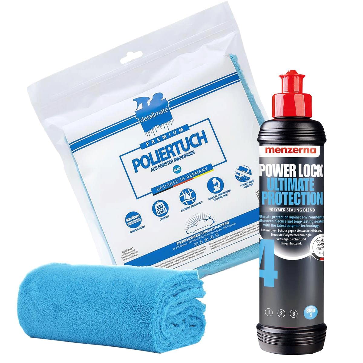 detailmate Auto Polier Set - Autopflege: Menzerna Lackversiegelung Power Lock Ultimate Protection, 250 ml - Polymer Auto Wachs+ Mikrofaser Auto Poliertuch, 40x40cm, perfekt zum Auspolieren Autolack von detailmate