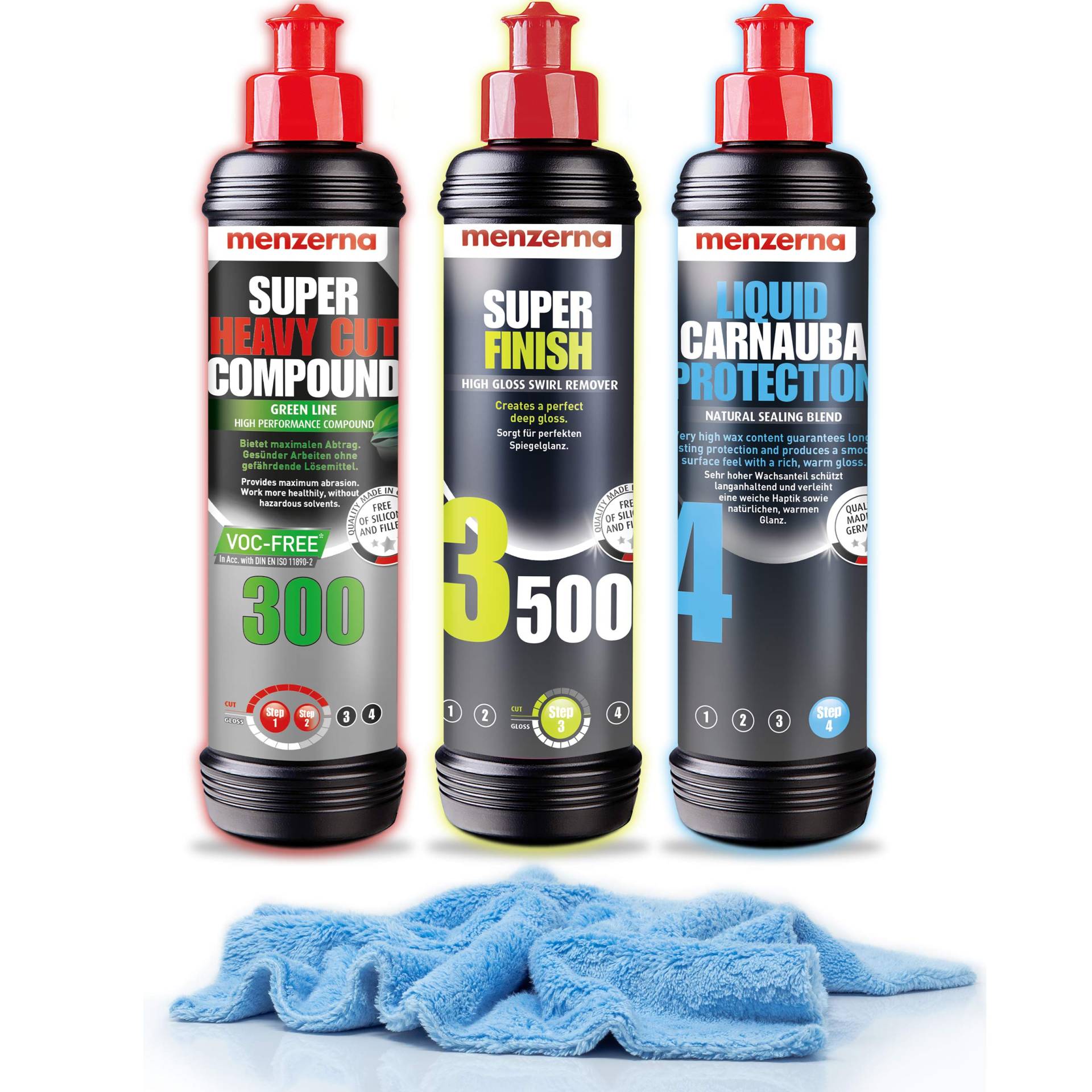 detailmate Auto Politur Set - Menzerna Autopolitur Super Heavy Cut Compund HC300 + Super Finish SF3500 + Liquid Carnauba Protection - 250 ml - extra langfloriges Mikrofaser Poliertuch 550 GSM von detailmate