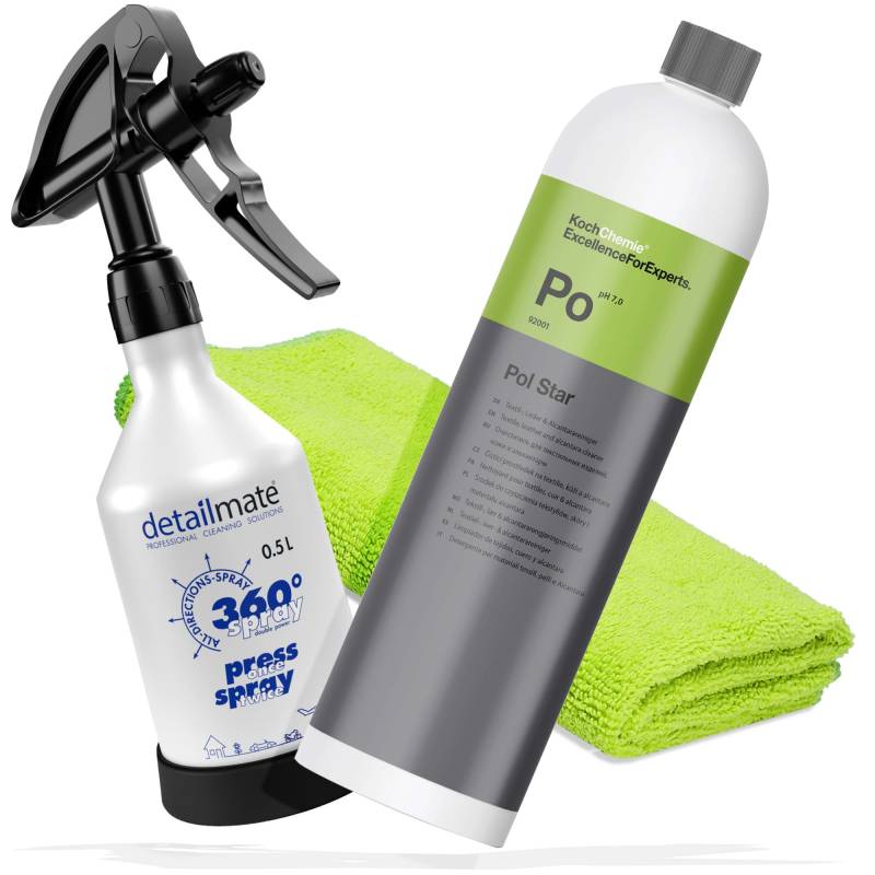 detailmate Auto Polster Reinigung Set - KochChemie POL Star - Textil-, Leder & Alcantarareiniger 1 Liter - Made by Kwazar Mercury Super PRO+ 360 Grad Sprühflasche 0,5L, Double Trigger - Mikofasertuch von detailmate