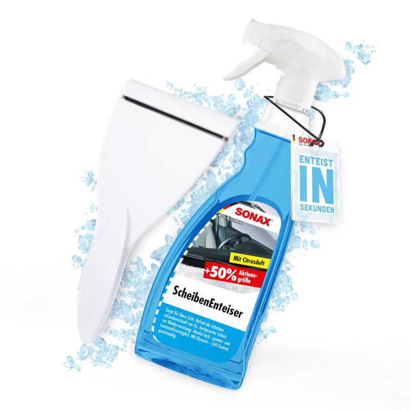 detailmate Auto Scheibenenteiser Set | 1x Sonax Scheiben Enteiser Spray 750ml für Autoscheiben + 1x Eiskratzer | Enteiserspray für klare Sicht von detailmate