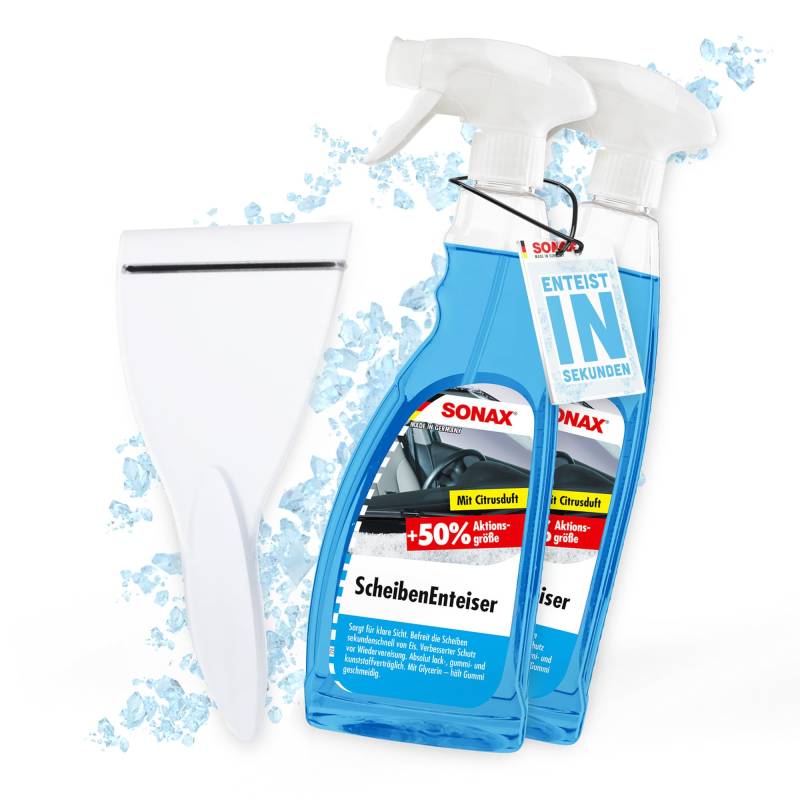 detailmate Auto Scheibenenteiser Set | 2X Sonax Scheiben Enteiser Spray 750ml für Autoscheiben + 1x Eiskratzer | Enteiserspray für klare Sicht von detailmate