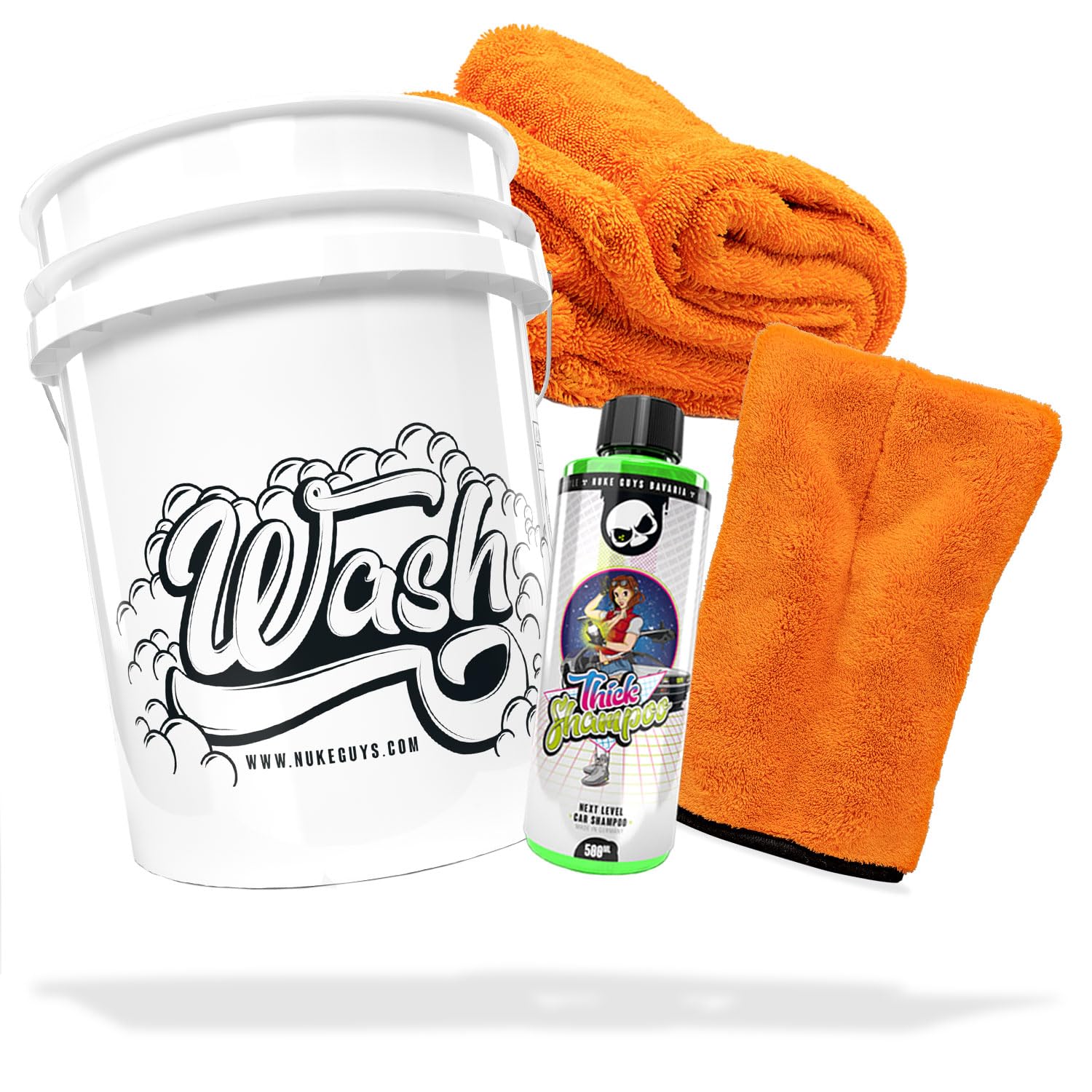 detailmate Auto Wasch Set: Nuke Guys Thick Shampoo 500ml + Waschhandschuh + Nuke Guys Gamma Dryer XXL Trockentuch + Wascheimer Nuke Guys Wash Bucket 5 GAL für die optimale Handwäsche & Trocknung von detailmate