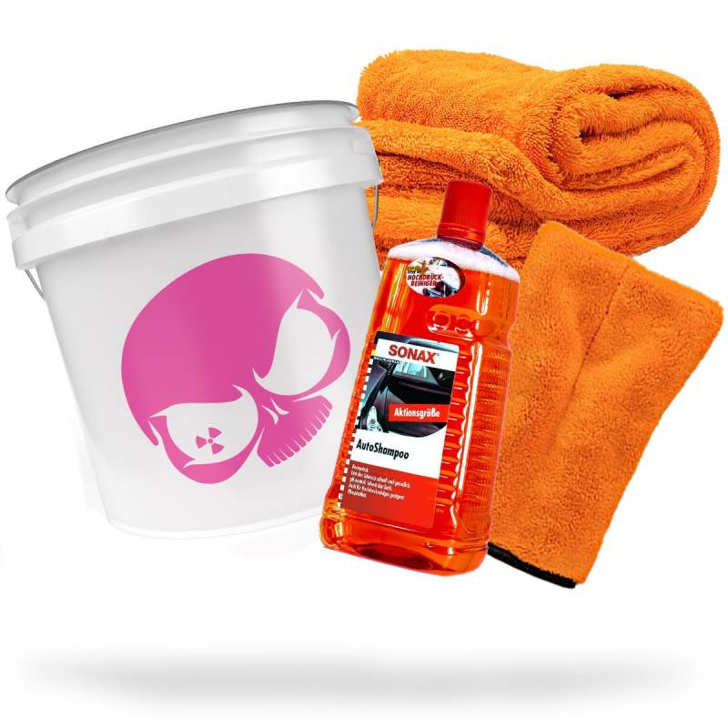 detailmate Auto Wasch Set: SONAX Autoshampoo 2L + Waschhandschuh + Nuke Guys Gamma Dryer XXL Trockentuch + Wascheimer Nuke Guys Girls Edition 3,5 GAL für die optimale Handwäsche & Trocknung von detailmate