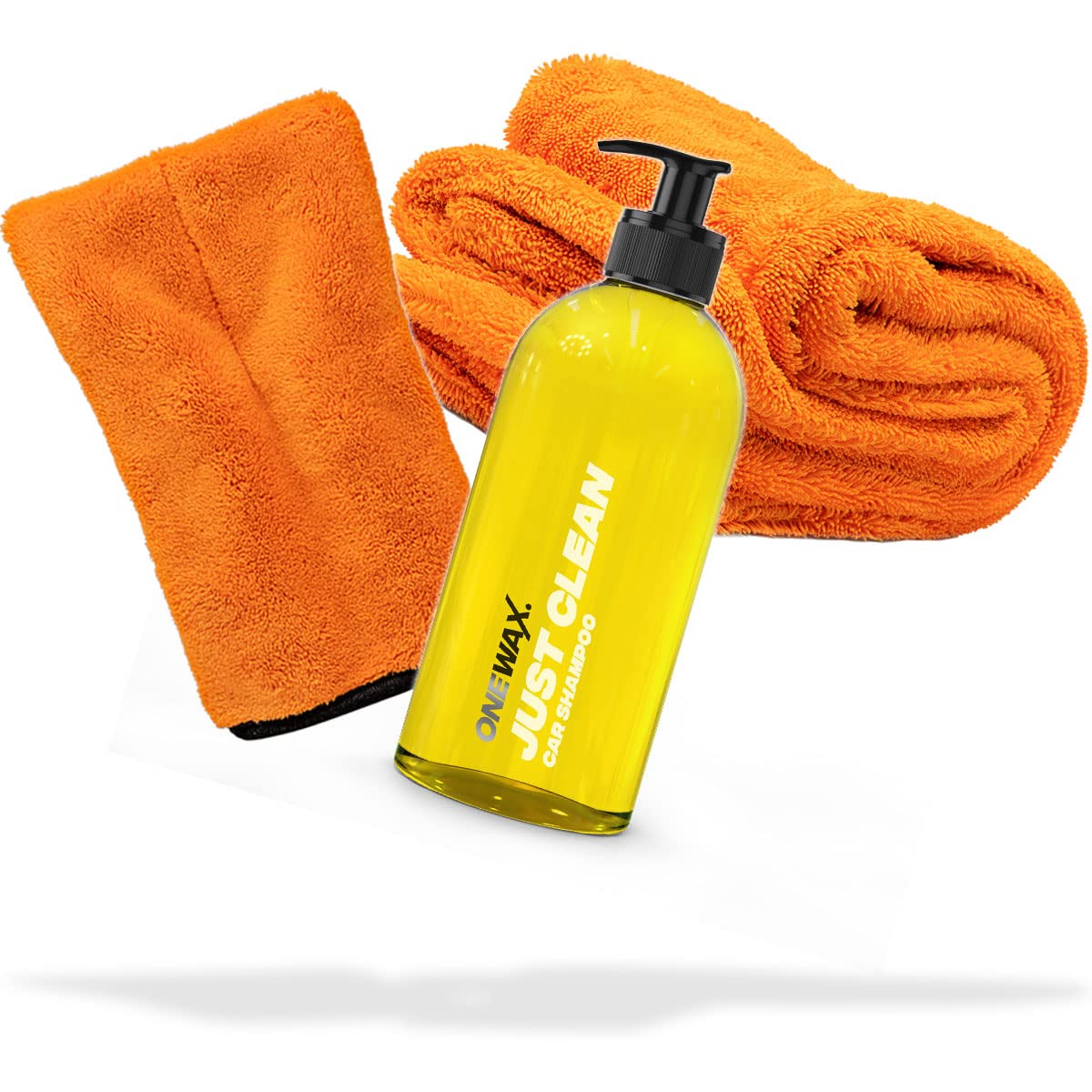 detailmate Auto Wasch- und Trockenset: OneWax Just Clean Shampoo 500ml + Mikrofaser Präzisionshandschuh Orange + Gamma Dryer Trockentuch XXL für die optimale Handwäsche von detailmate