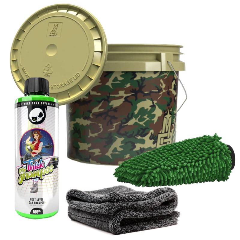 detailmate Auto Waschset - Magic Bucket Wascheimer 3,5 GAL mit Deckel Camouflage Grün + Nuke Guys Thick Shampoo 0,5L + Gamma Dryer Mikrofaser Trockentuch 1400GSM + Waschhandschuh von detailmate