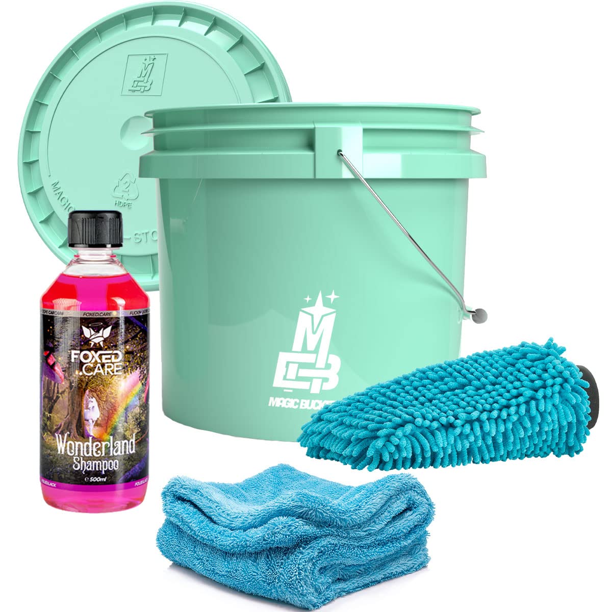 detailmate Auto Waschset - Magic Bucket Wascheimer 3,5 GAL mit Deckel Mint + FoxedCare Wonderland Autoshampoo 0,5L + Gamma Dryer Mikrofaser Trockentuch 1400GSM + Waschhandschuh von detailmate