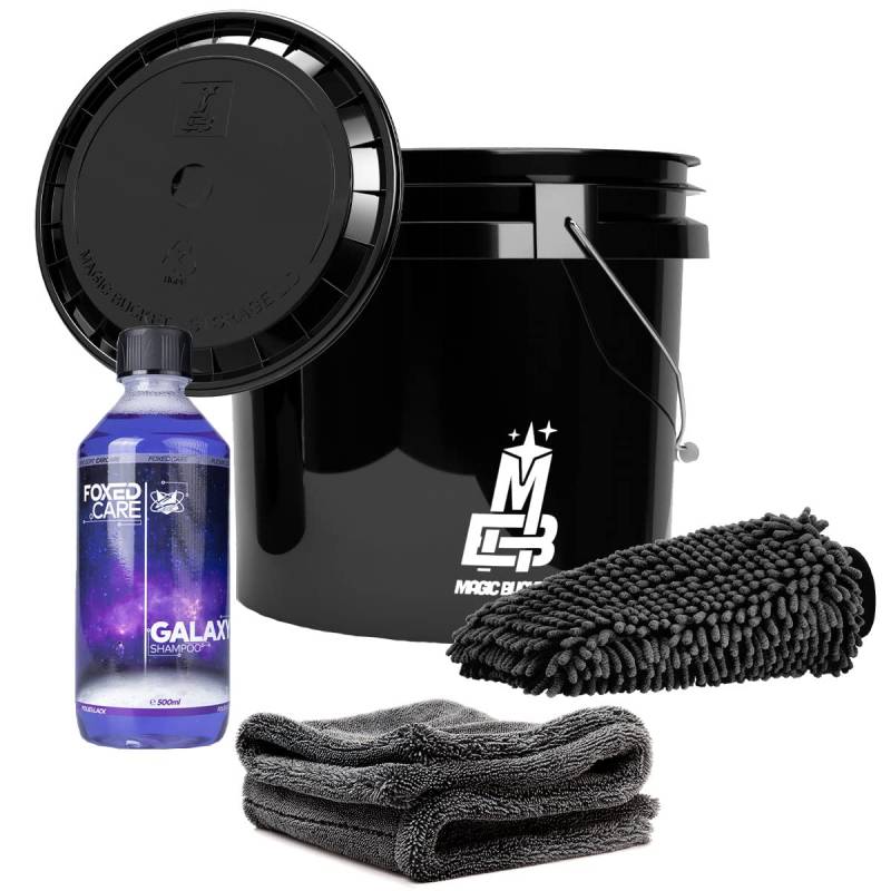 detailmate Auto Waschset - Magic Bucket Wascheimer 3,5 GAL mit Deckel Schwarz + FoxedCare Galaxy Autoshampoo 0,5L + Gamma Dryer Mikrofaser Trockentuch 1400GSM + Waschhandschuh von detailmate