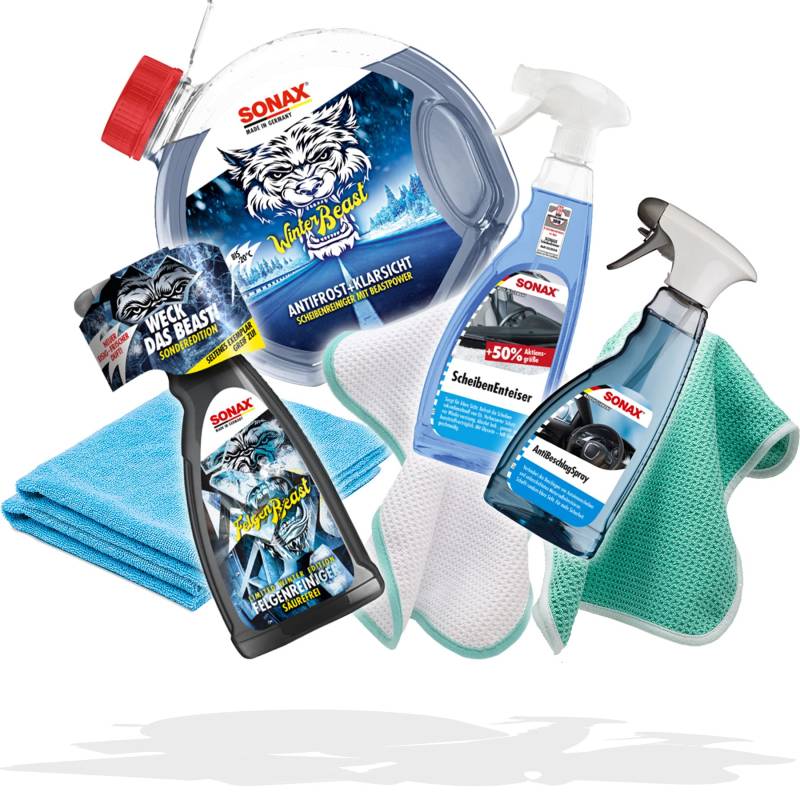 detailmate Auto Winter Set: SONAX WinterBeast AntiFrost Scheibenreiniger + KlarSicht 3L, FelgenBeast Winter 1L, ScheibenEnteiser 750 ml, AntiBeschlag 500ml, 2x Mikrofaser Waffeltuch, 2x Mikrofasertuch von detailmate