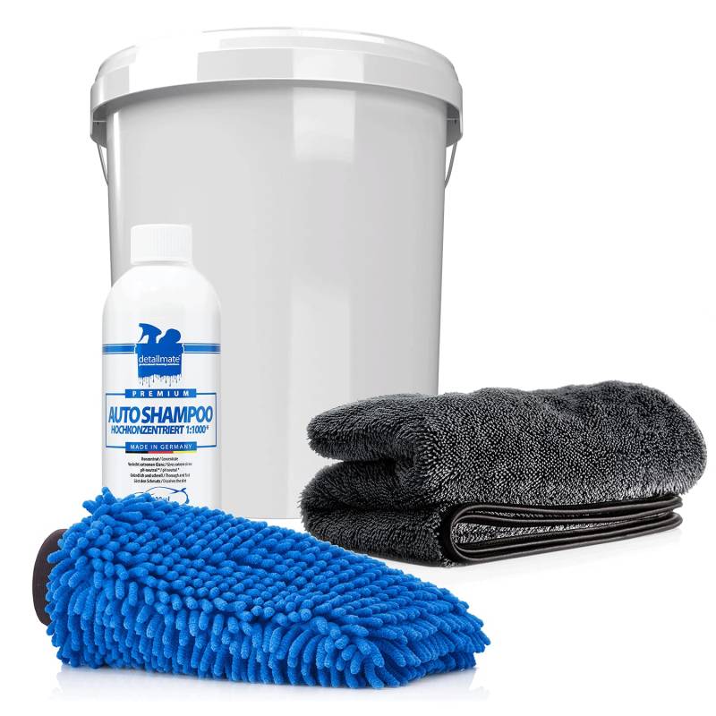 detailmate Auto & Motorrad Wasch Set mit detailmate Autoshampoo 500ml Konzentrat + Wascheimer mit passendem Deckel + Mikrofaser Chenille Waschhandschuh + saugstarkes Trockentuch, 50x80cm, 1000GSM von detailmate