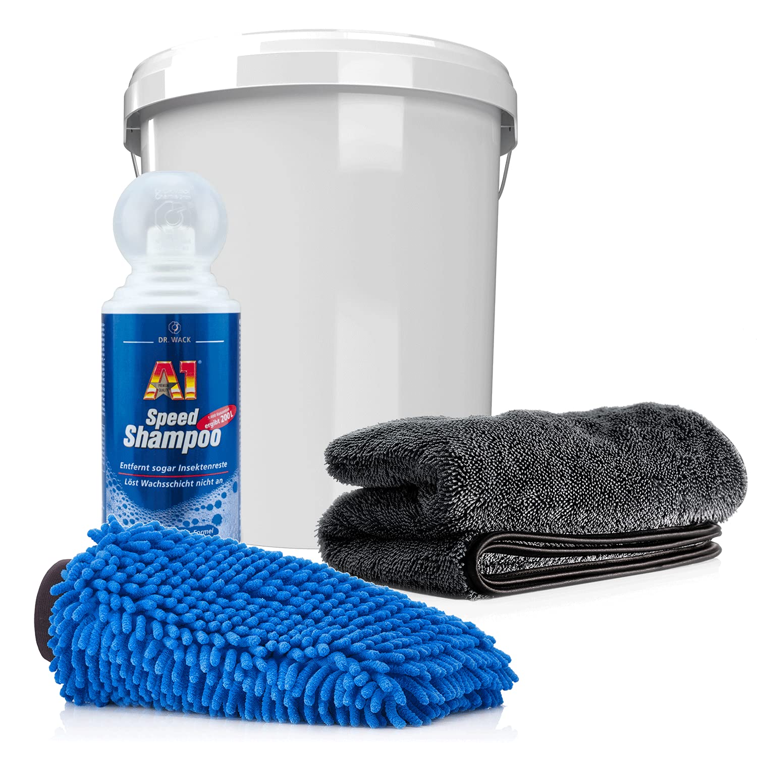 detailmate Auto & Motorrad Wasch Set: Dr. Wack A1 Speed Shampoo 500ml + Kunststoff Wascheimer mit passendem Deckel + Mikrofaser Chenille Waschhandschuh + saugstarkes Trockentuch, 50x80cm, 1000GSM von detailmate