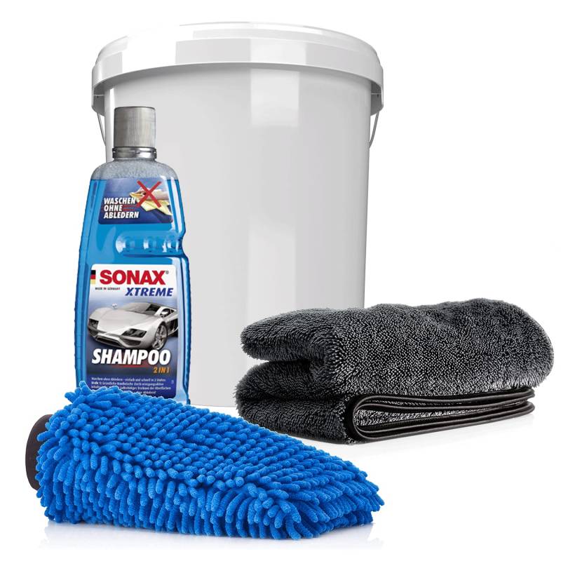 detailmate Auto & Motorrad Wasch Set: SONAX 2in1 Shampoo 1L + Wascheimer mit passendem Deckel + Mikrofaser Chenille Waschhandschuh + saugstarkes Trockentuch, 50x80cm, 1000GSM von detailmate