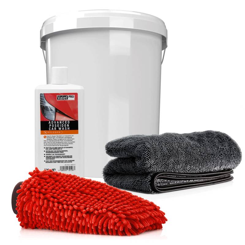 detailmate Auto & Motorrad Wasch Set: ValetPRO Advanced Poseidon Car Wash 500ml + Wascheimer mit passendem Deckel + Mikrofaser Chenille Waschhandschuh + saugstarkes Trockentuch, 50x80cm, 1000GSM von detailmate