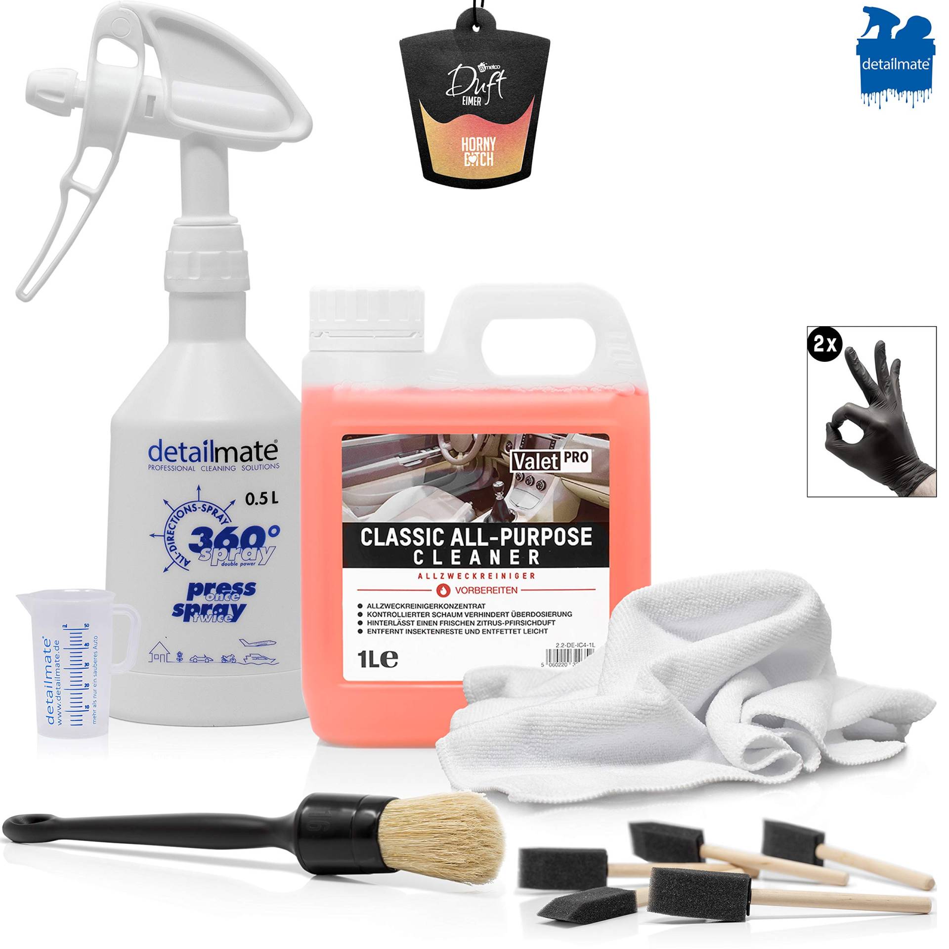 detailmate Autopflege Set - Allzweckreiniger Auto Konzentrat - ValetPRO Classic All Purpose Cleaner 1L + Pinselset + Kwazar Sprühflasche + Innenraum Mikrofasertuch + Duftbaum + Messbecher 50ml von detailmate