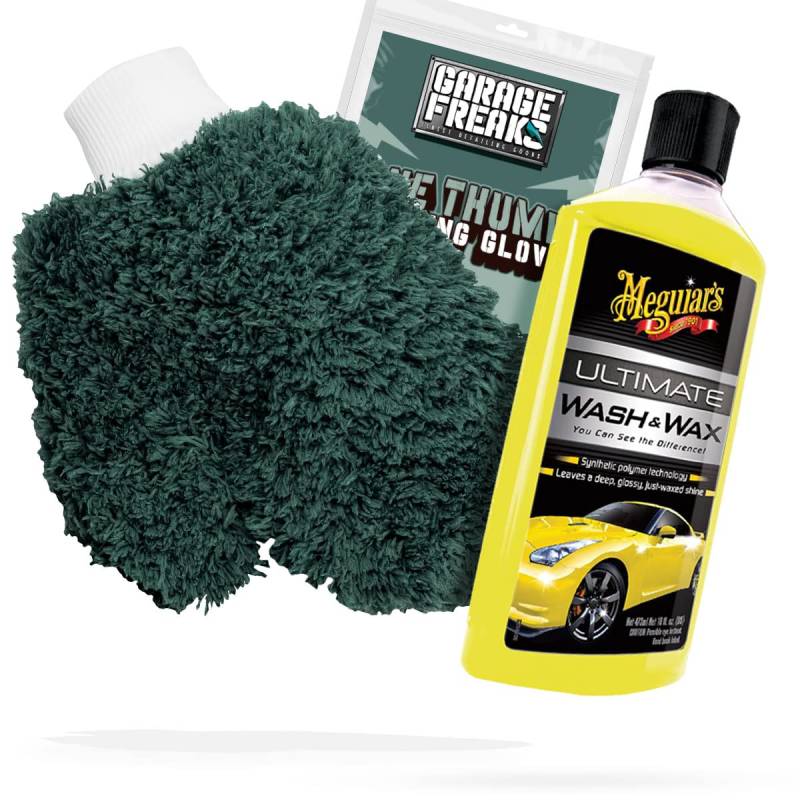 detailmate Autowäsche Bundle - Autoshampoo Meguiars Wash & Wax 0,473L + Garage Freaks One Thumb Washing Glove - Autopflege Set mit Waschhandschuh und Auto Shampoo von detailmate