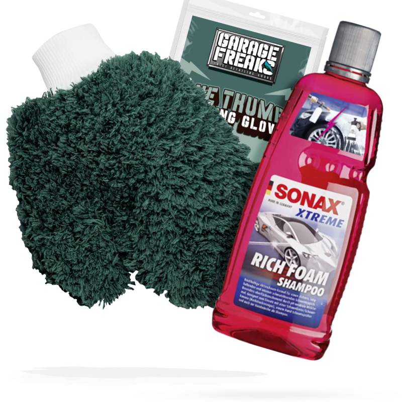 detailmate Autowäsche Bundle - Autoshampoo SONAX Xtreme RichFoam Shampoo 1L + Garage Freaks One Thumb Washing Glove - Autopflege Set mit Waschhandschuh und Auto Shampoo von detailmate