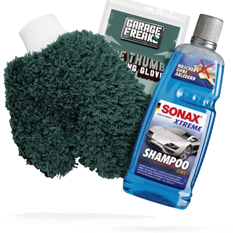 detailmate Autowäsche Bundle - Autoshampoo SONAX Xtreme Shampoo 2in1 1L + Garage Freaks One Thumb Washing Glove - Autopflege Set mit Waschhandschuh und Auto Shampoo von detailmate