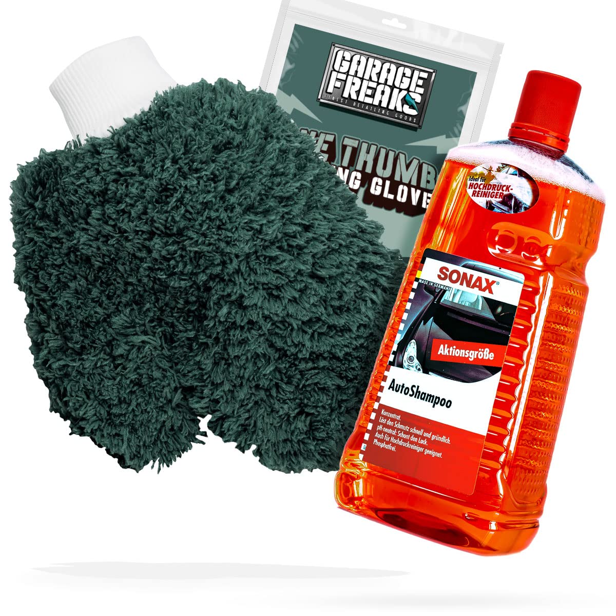 detailmate Autowäsche Bundle - SONAX Autoshampoo Konzentrat 2L + Garage Freaks One Thumb Washing Glove - Autopflege Set mit Waschhandschuh und Auto Shampoo von detailmate