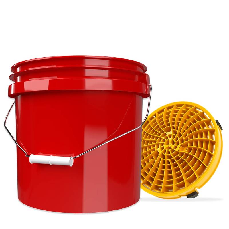 detailmate Autowäsche Set: Wasch Eimer rot 3,5 Gallonen (12 l) mit Detail Guardz Dirt Lock Wascheimereinsatz Gold für eine kratzerfreie Handwäsche von detailmate