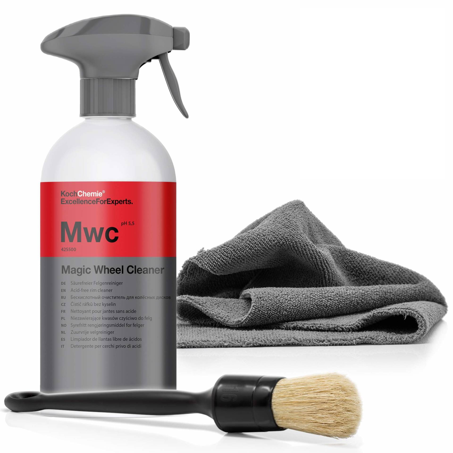 detailmate Felgenreingung Set: Koch Chemie MWC Magic Wheel Cleaner - Säurefreier Felgenreiniger - 500ml + ValetPro Reiningunspinsel + Mikrofasertuch zum Auspolieren (Set weicher Pinsel) von detailmate