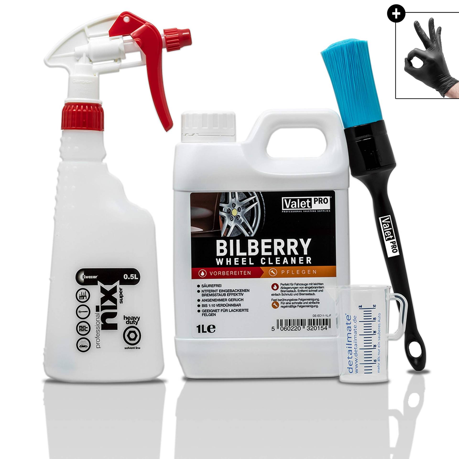 detailmate Felgenreiniger Set: ValetPRO Bilberry Wheel Cleaner 1 L - Felgen Reiniger Konzentrat + Kwazar Sprühflasche + ValetPRO chemieresistenter Felgen Pinsel + 50ml Messbecher + 2X Schutzhandschuh von detailmate