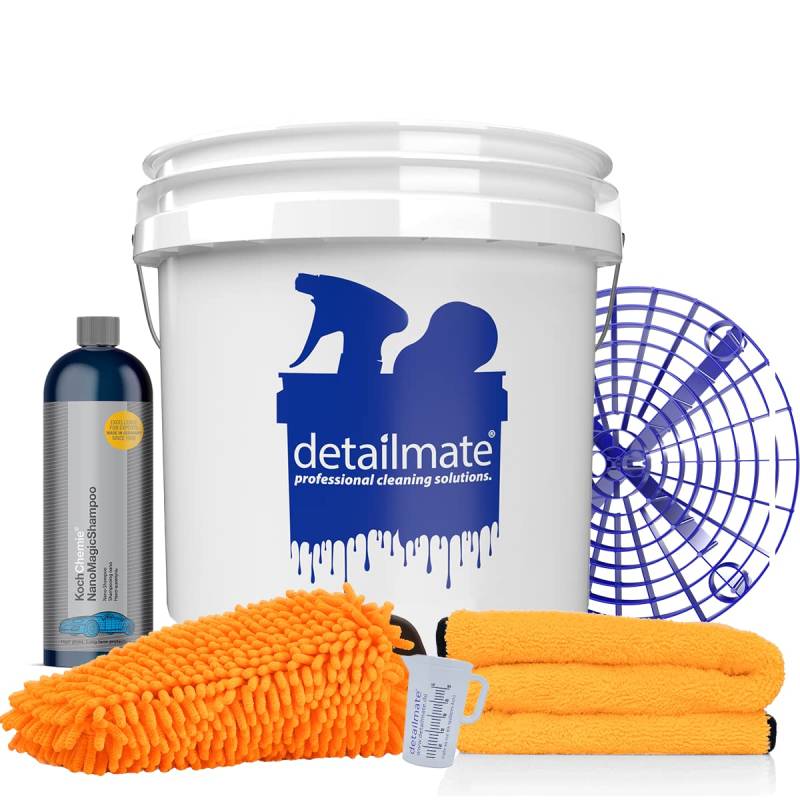 detailmate Hand-WASH-ONLY-Set: GritGuard Wascheimer 3,5 GAL + Grit Guard Schmutzeinsatz + Koch Chemie Nano Magic Autoshampoo, 500ml + Chenille Waschhandschuh + Orange Baby Trockentuch + 50ml Becher von detailmate