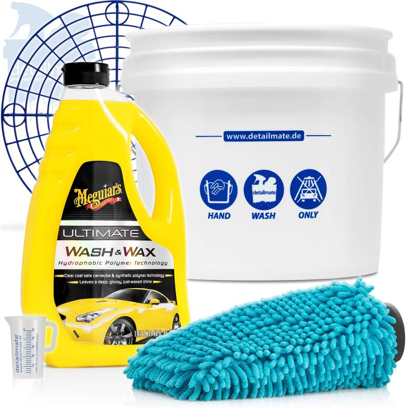 detailmate Hand-WASH-ONLY-Set: GritGuard Wascheimer 3,5 GAL + Grit Guard Schmutzeinsatz + Meguiar´s Ultimate Wash & Wax 1,42L Chenille Waschhandschuh + Messbecher 50ml von detailmate