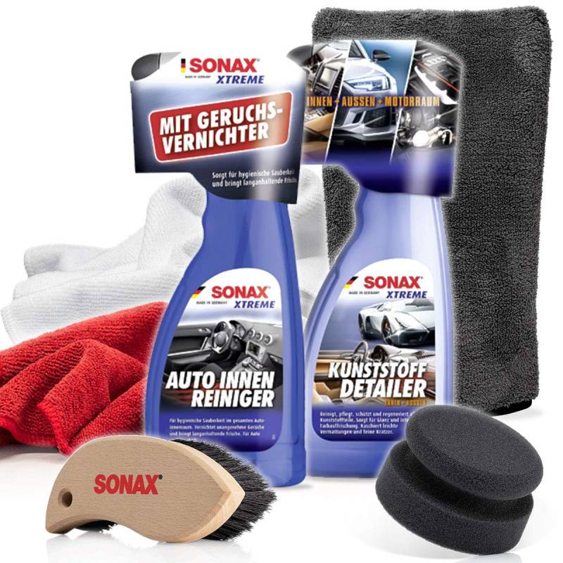 detailmate Interior/Kunststoffpflege Auto Set: SONAX Xtreme AutoInnenReiniger 500ml + KunststoffDetailer Innen + Außen 500 ml + 2X Mikrofasertuch + Lederbürste + Pflegehandschuh + Applikator von detailmate