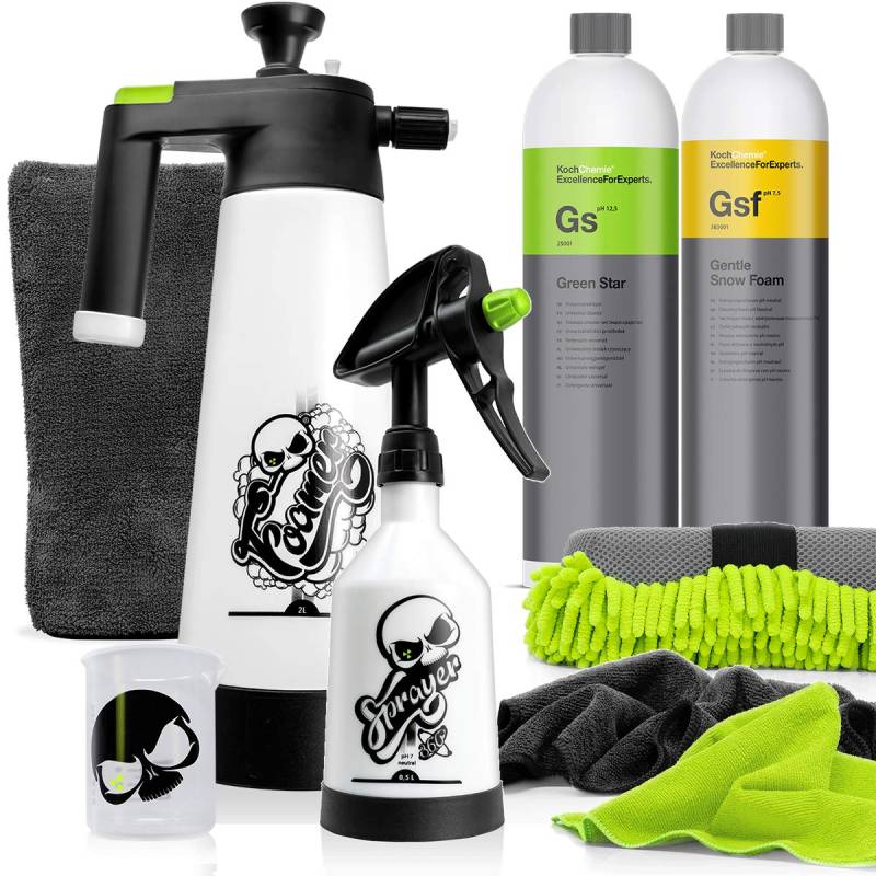 detailmate Koch Chemie Auto Foam Set: Koch Chemie Green Star 1L + Gentle Snow Foam 1L + Nuke Guys: Messbecher + Sprayer + Foamer + detailmate: 2 Mikrofasertücher + Insektenschwamm + Waschhandschuh von detailmate