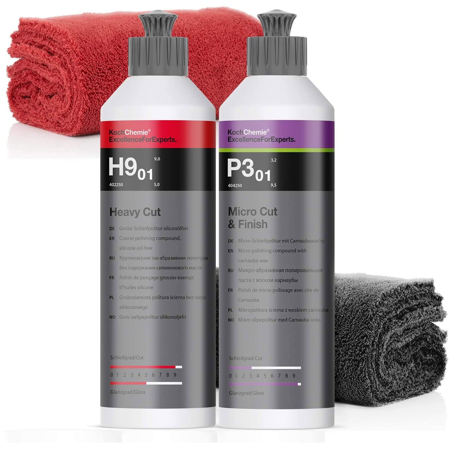 detailmate Koch Chemie Politur Set: Koch Chemie Heavy Cut Abrasive Schleifpolitur, 250ml + Koch Chemie Micro Cut & Finish Politur mit Carnaubawachs + 2 Mikrofasertücher, 40 x 40 cm, 550 GSM von detailmate