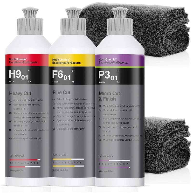 detailmate Koch Chemie Politur Set: Koch Chemie Heavy Cut Politur, 250ml + Koch Chemie Fine Cut Politur, 250ml + Koch Chemie Micro Cut & Finish Politur, 250ml + 2 Mikrofasertücher, 550GSM von detailmate