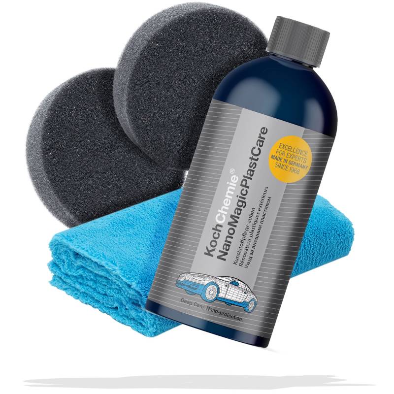 detailmate Kunststoff Pflege Set: Koch Chemie Nano Magic Plast Care Kunststoffpflege außen 500ml + Applikationsschwamm + extra Flauschiges Mikrofasertuch 40x40cm, 450 GSM von detailmate