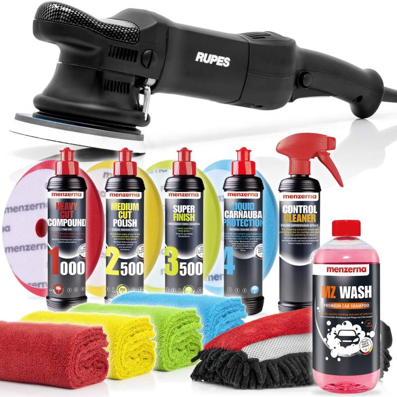 detailmate Polierset: Rupes Exzenter Poliermaschine LHR15ES + Menzerna: HCC1000 + MCP2500 + SF3500 + Liquid Carnauba Protection + Control Cleaner + MZ Wash + Foam Pads 4 Mikrofasertücher von detailmate