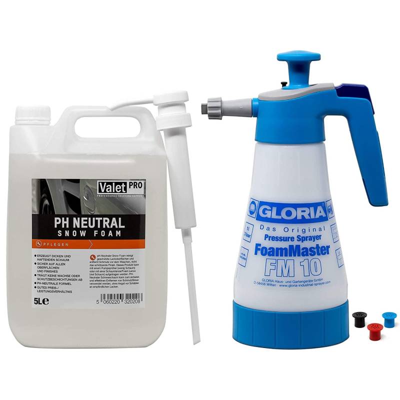 detailmate Prewash Set: Gloria FM10 Schaumsprüher Foam Master 1L + ValetPro pH neutral Snow Foam 5L Dispenser Pumpe von detailmate