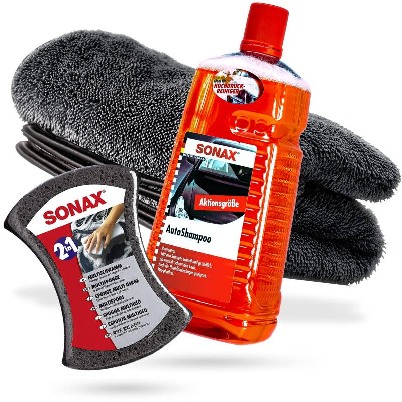 detailmate Profi Autowäsche Set - für Auto, Motorrad, Caravan, Boote - schonende Handwäsche (1 Sonax Shampoo + 1 Schwamm + 1 Trockentuch) von detailmate