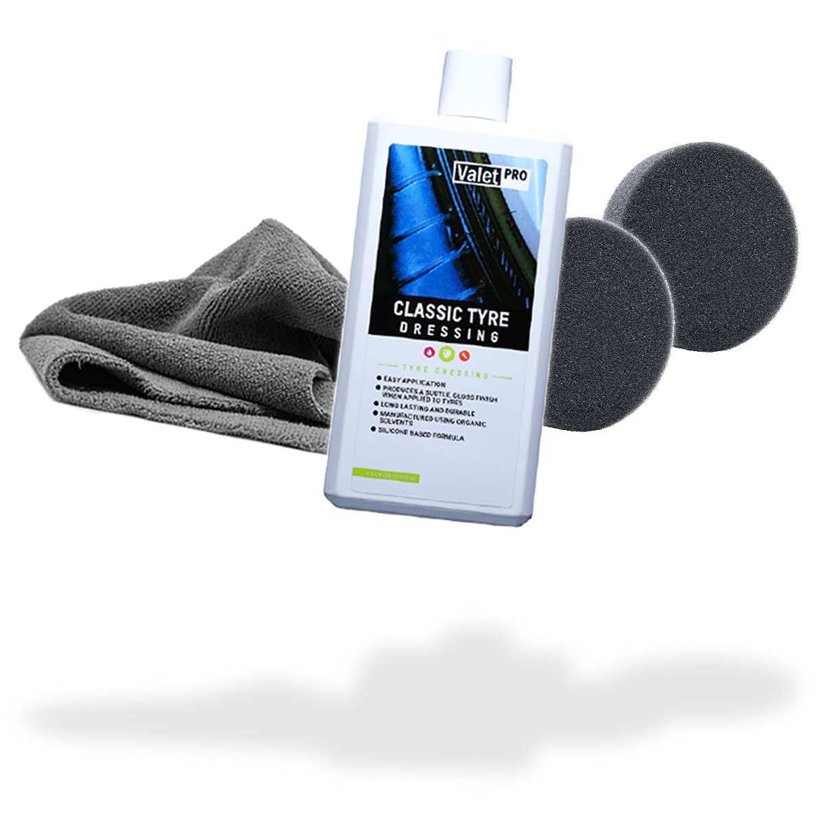 detailmate Reifen Pflegeset | ValetPRO Classic Tyre Dressing 500ml + Edgeless Grey Low Mikrofasertuch 40x40cm 380GSM + 2X Applikatorpad 90/22mm | Set für die optimale Reifenpflege von detailmate