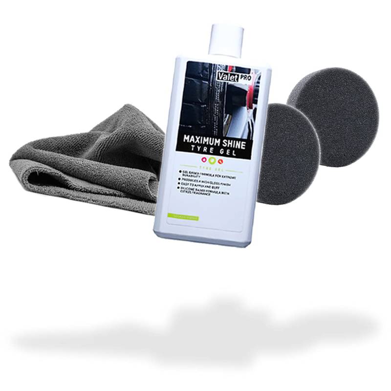 detailmate Reifen Pflegeset | ValetPRO Maximum Shine Tyre Gel 500ml + Edgeless Grey Low Mikrofasertuch 40x40cm 380GSM + 2X Applikatorpad 90/22mm | Set für die optimale Reifenpflege von detailmate