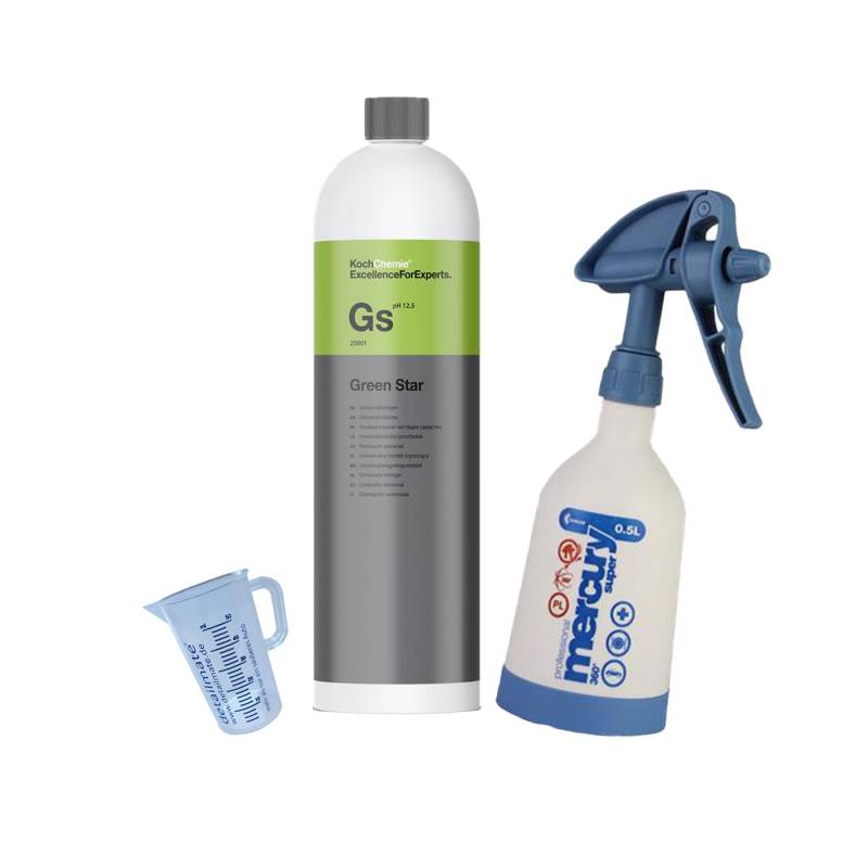 detailmate Reinigungs Set aus Koch Chemie Green Star Universalreiniger 1L Messbecher 50 ml und Mercury Super PRO+ 360 Grad VITON blau Sprühflasche 0,5 Liter blau von detailmate