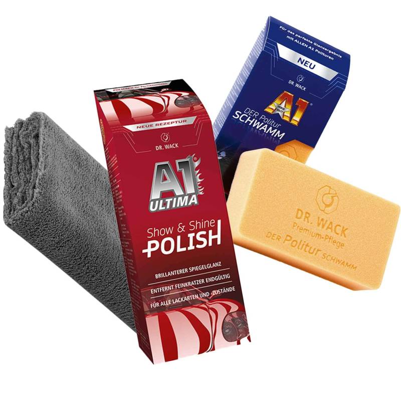 detailmate Reinigungs- und Pflegeset: Dr. Wack A1 Ultima Show & Shine Polish 250 ml + Dr. Wack A1 Der Politur Schwamm + Mikrofasertuch 40x40 cm, 550 GSM, grau von detailmate