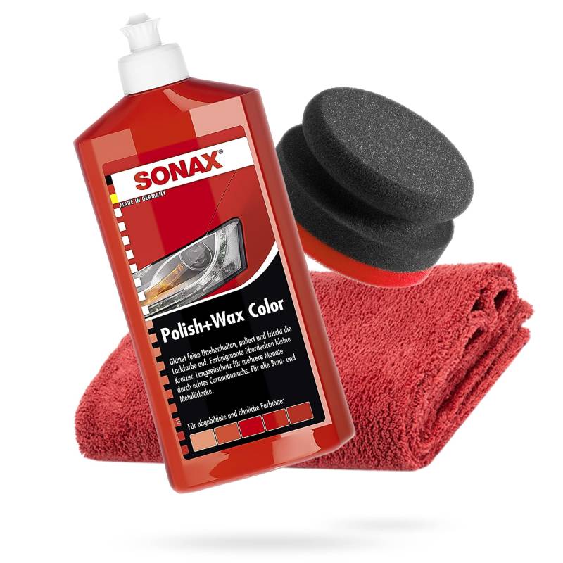 detailmate SONAX Hand Polier Bundle - SONAX Polish+Wax Color rot 500ml Handpolierschwamm hart Ø90/50mm Edgeless Mikrofaser Poliertuch 550GSM rot von detailmate