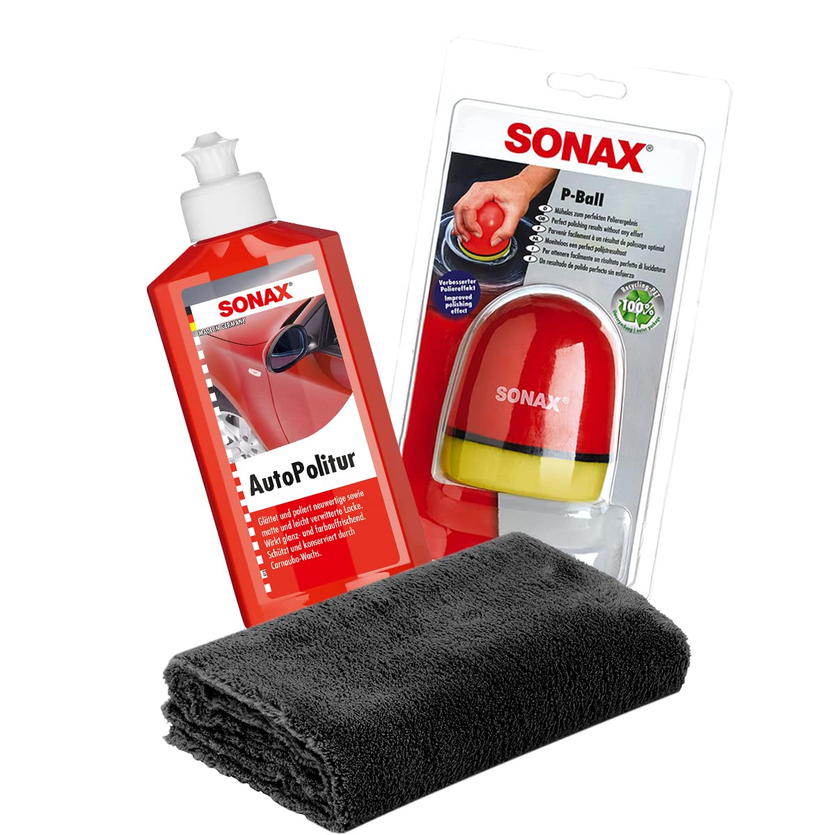 detailmate SONAX Hand Polier Set: SONAX Autopolitur für Bunt- und Metalliclacke 250ml + SONAX P-Ball ergonomischer Polier Ball Edgeless Superflausch Mikrofaser Poliertuch 40x40cm, 550GSM von detailmate