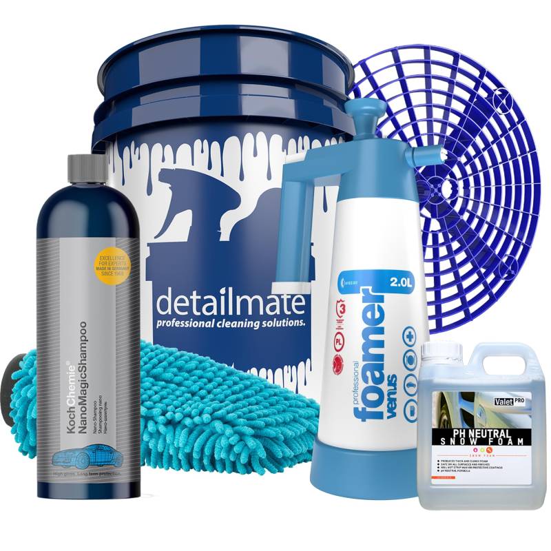 detailmate Set - Vorwäsche: ValetPro PH neutral Snow Foam, Kwazar Foamer 2L - Hauptwäsche: Koch Chemie Nano Magic Shampoo 750ml, Eimer 20L,Grit Guard Schmutzeinsatz, Waschhandschuh von detailmate