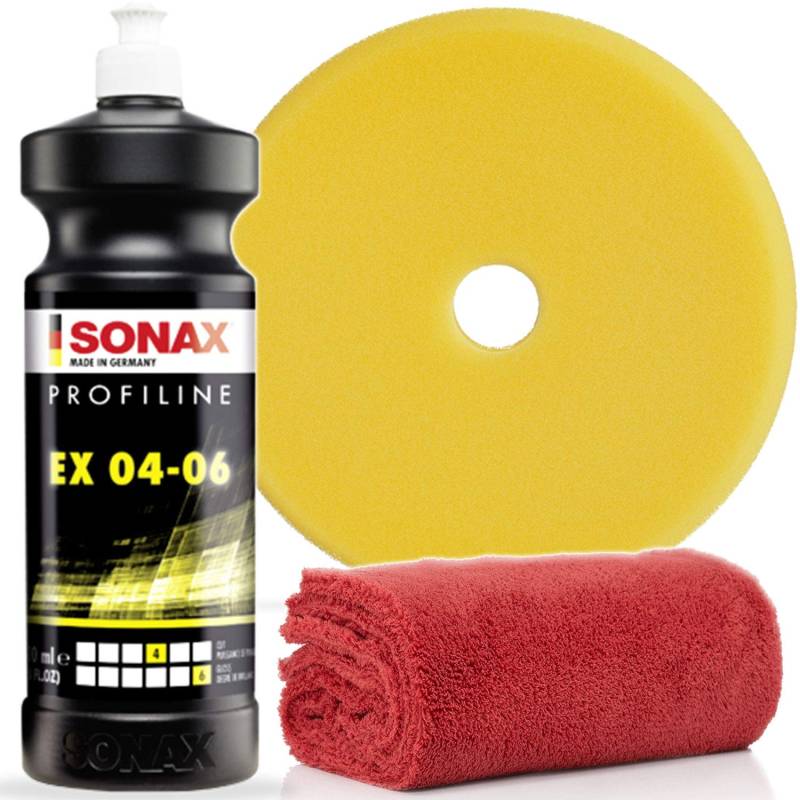 detailmate Sonax Polituren Set (Basic 1-1L) - SONAX PROFILINE EX 04/06 1L + SONAX Exzenter Pad medium 143 DA + Edgeless Superflausch 40x40cm 550GSM von detailmate