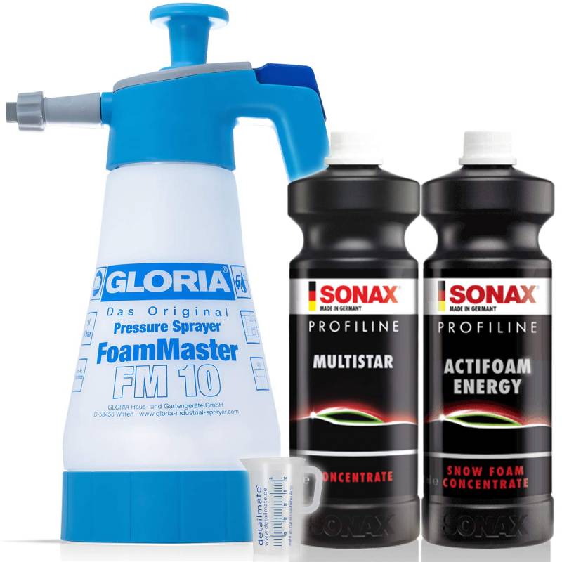 detailmate Universalreiniger Foam Set: SONAX ProfiLine MultiStar 1L + SONAX ProfiLine ActiFoam Energy 1L Messbecher 50ml skaliert + Gloria FM10 Schaumsprüher 1L, 3bar von detailmate