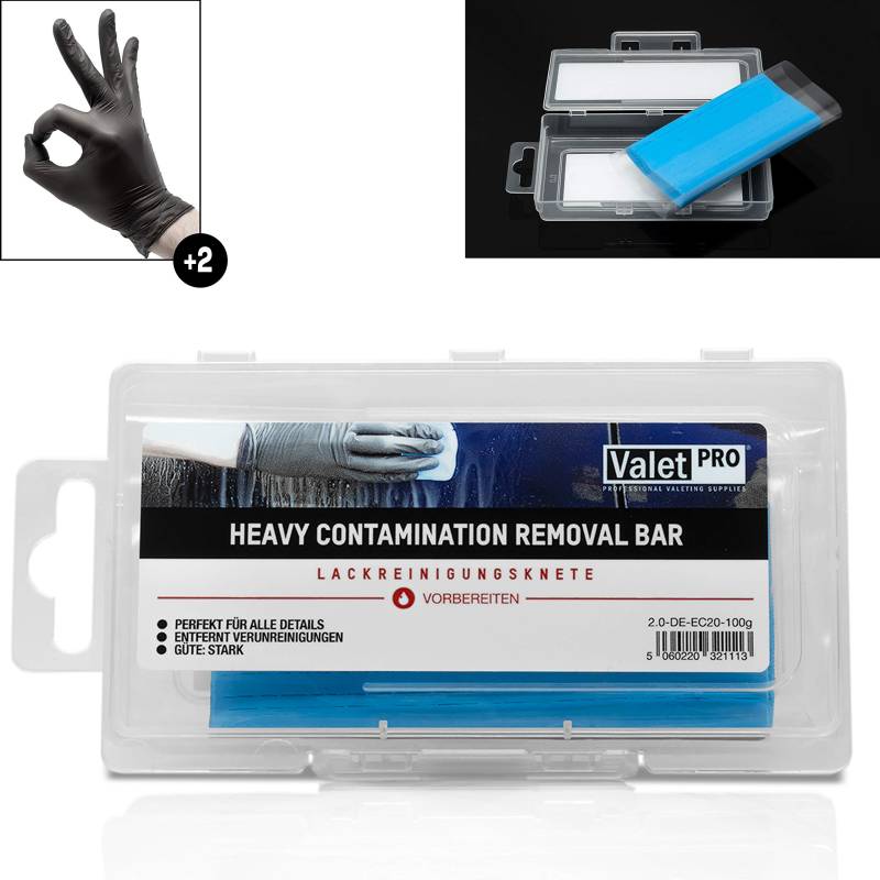 detailmate ValetPRO Reinigungsknete blau (hart)- Blue Contamination Removal Bar 100g + Nitril Schutzhandschuhe von detailmate