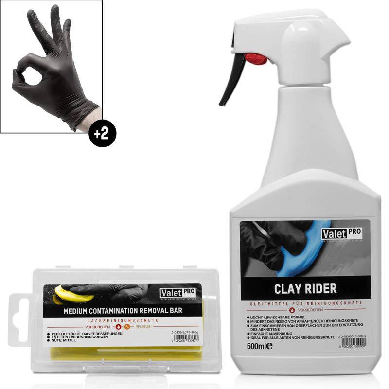 detailmate ValetPRO Reinigunsknete Gleitmittel Set zur schonenden Lackreinigung Auto : Clay Rider - Sprühflasche - 500 ml - Gleitmittel + Reinigunsknete gelb medium - Clay - 100g + Schutzhandschuhe von detailmate